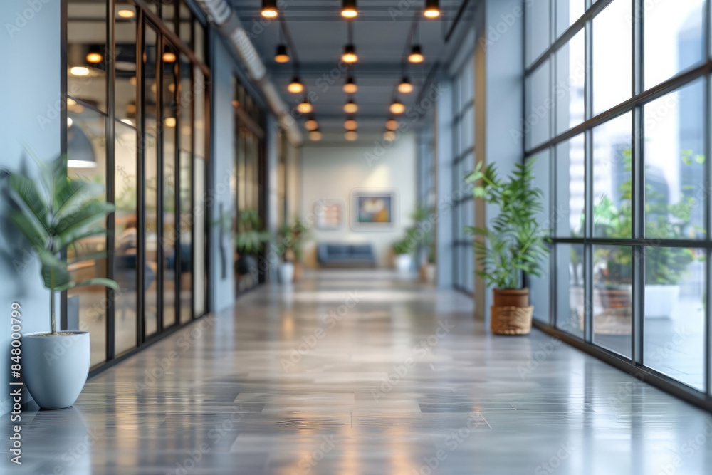 Modern office interior with polished floors and lush green plants creating a welcoming walkway, illuminated by designer lights Modern office interior with polished floors and lush green plants creating a welcoming walkway, illuminated by designer lights