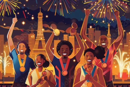 diverse people celebrating Olympic Games with fireworks in Paris photo