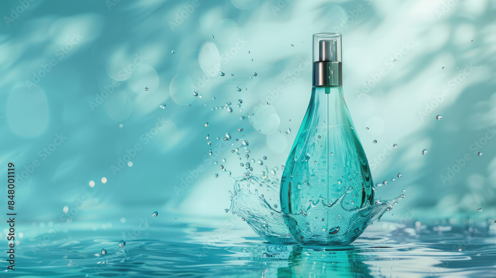 A vibrant aqua perfume bottle captured in a dynamic moment, with water splashing around, conveying freshness and energy A vibrant aqua perfume bottle captured in a dynamic moment, with water splashing around, conveying freshness and energy