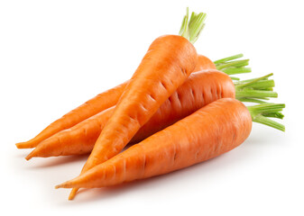 Carrots isolated. Carrot on white background. Four carrots with green leaves. Full depth of field.