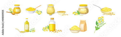 Mustard Plant with Seeds and Yellow Flower Vector Set