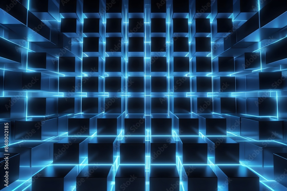 Naklejka premium Glowing blue cubes in an abstract structure on dark background. 3D geometric and digital pattern for web, technology, and futuristic design.