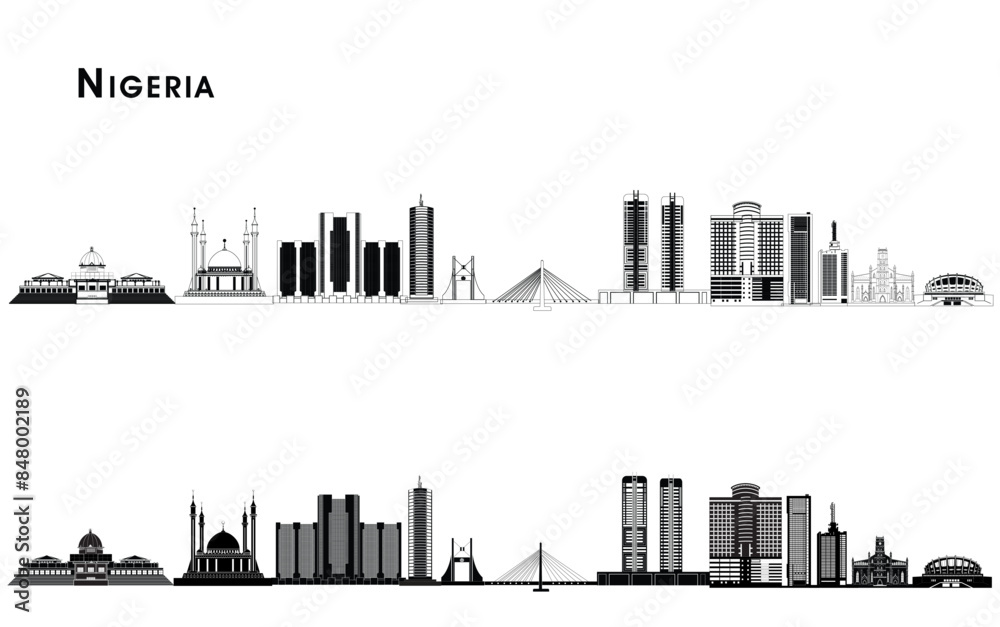 Fototapeta premium A vector silhouette art collection of Nigeria's iconic structures and buildings, showcasing diverse architectural marvels, perfect for cultural decor, educational materials, or urban design projects