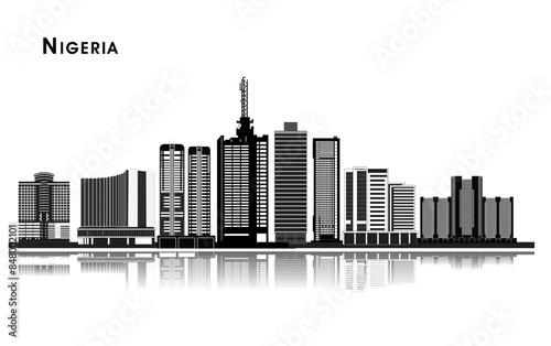 A vector silhouette art of Nigeria's tallest buildings, showcasing impressive skyscrapers with detailed outlines, ideal for modern decor, architectural studies, or urban design projects