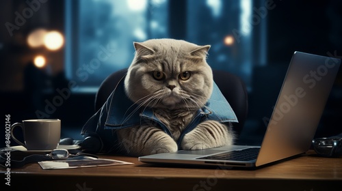British Shorthair cat developer. British Shorthair hacker cat. Animal Computer. A cat in a hoodie sits at a desk in front of a computer screen. Hacker works in dark room hooded cat uses computer