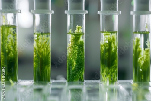 algae seaweed plant in test tubes closeup macro at medical science innovative laboratory