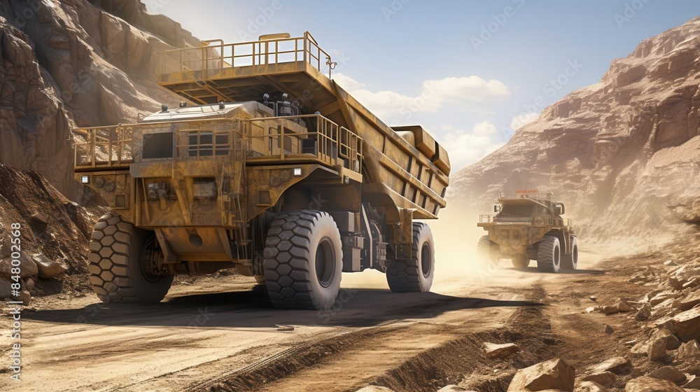 Heavy machinery in a mining operation, rugged terrain Heavy machinery in a mining operation, rugged terrain