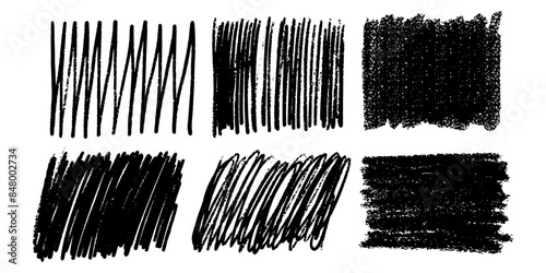 Wide Crayon Pencil Texture stroke shapes. Hand drawn Black Bold Chalk Brush Sketches and Patternss. 
