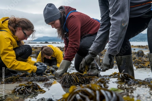 group of researchers conducting field experiments on algae and microalgae on algal beach on the sea photo