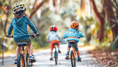 A group of happy children ride bicycles together on a road, enjoying the experience