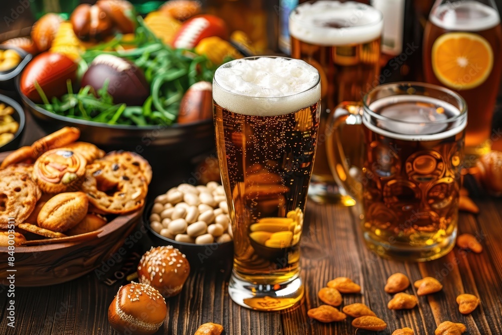 A pint of beer is paired with snacks in a rugby-themed arrangement, perfect for sports fans A pint of beer is paired with snacks in a rugby-themed arrangement, perfect for sports fans