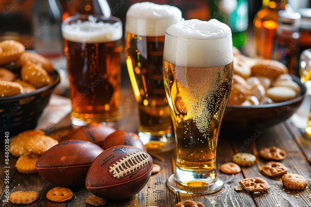 A selection of frothy beers and diverse snacks on a wooden table, evoking a festive mood