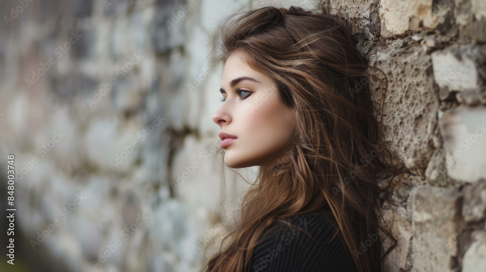 Pensive young woman standing against a stone wall outdoors Pensive young woman standing against a stone wall outdoors