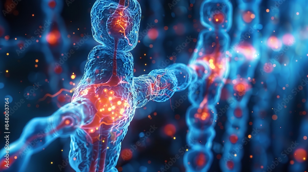 Microscopic view of a cell structure with blue and red components Microscopic view of a cell structure with blue and red components