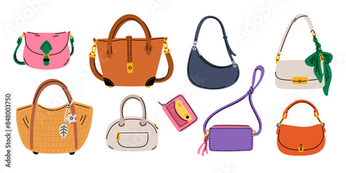 Woman purse. Colorful funny ladies bags. Modern fashion shopping. Stylish clothing. Female accessories shop. Trendy handbags. Cross body and shopper. Luxury clutch. Garish vector set