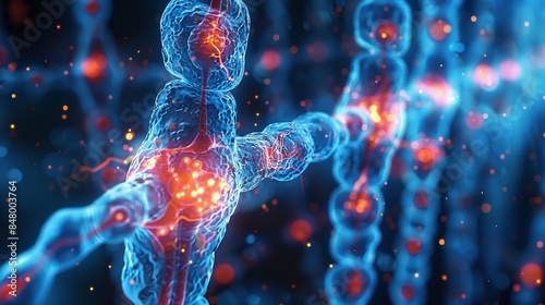 Microscopic view of a cell structure with blue and red components