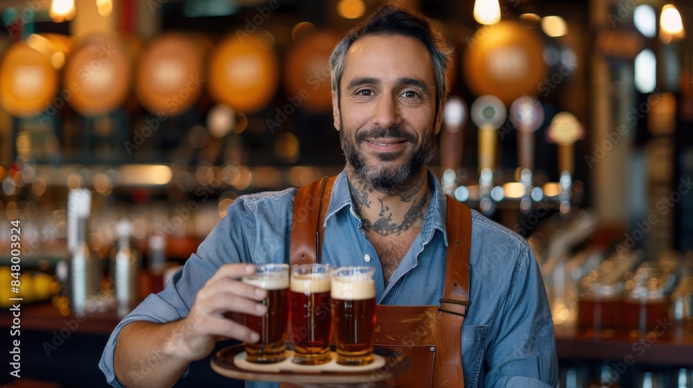 A tattooed bartender smiles while presenting four glasses of beer in a brewery A tattooed bartender smiles while presenting four glasses of beer in a brewery