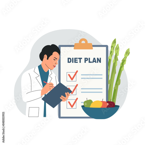Healthy checklist. Doctor writing  diet plan with Fruit and Vegetable. Vector flat style cartoon illustration