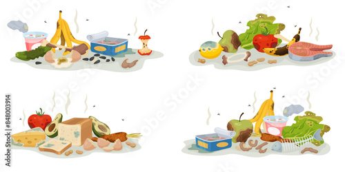 Rotten food compositions. Organic waste with unpleasant smells. Expired meal. Spoiled vegetables and fruits heap. Biodegradable recycle garbage. Perishable products. Recent vector set