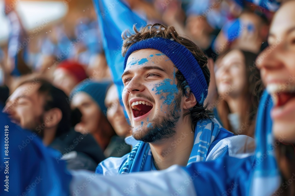 A dynamic image capturing enthusiastic fans cheering for their team in a stadium setting A dynamic image capturing enthusiastic fans cheering for their team in a stadium setting