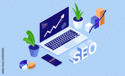 SEO computer - Laptop with search engine optimisation rising graph showing growth and improvement. Flat design vector illustration in isometric perspective on blue business background