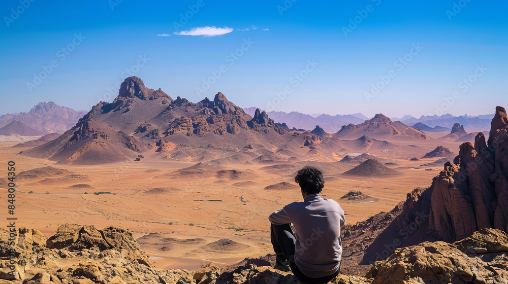 Man enjoying the mountain view of Assekrem, Tamanrasset, Algeria Man enjoying the mountain view of Assekrem, Tamanrasset, Algeria