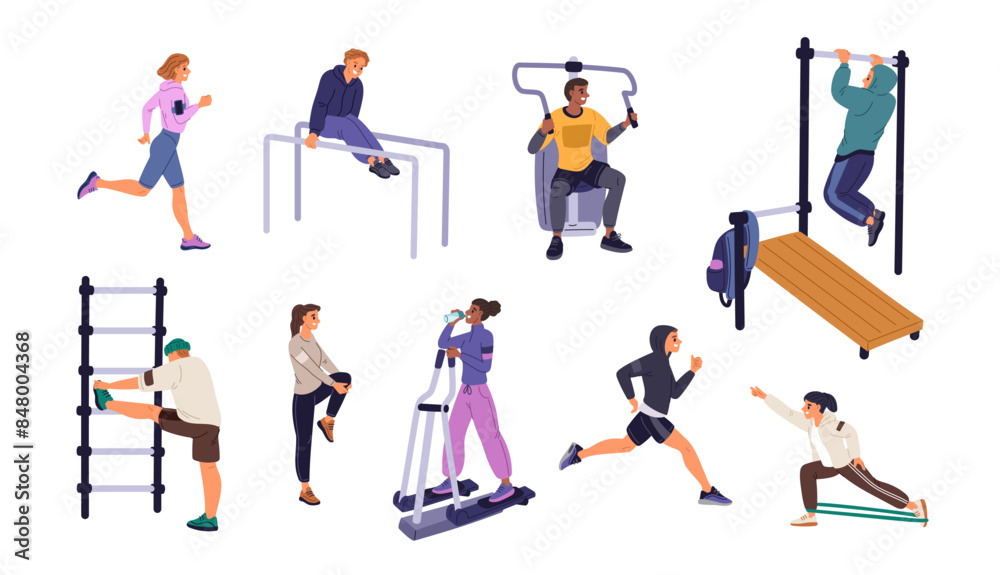 People do sports. Street fitness equipment and turnstiles. Athletes doing exercises. City workout. Persons training. Man on treadmill. Woman running. Squat and stretching. Garish vector set