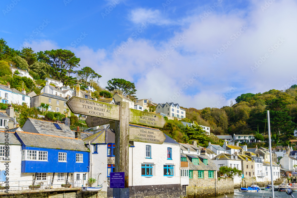 Directional and warning signs in the fishing village Polperro
