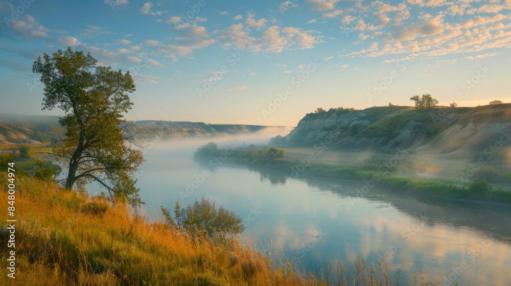 Fototapeta premium Morning mist along the tranquil Qu'Appelle River landscape