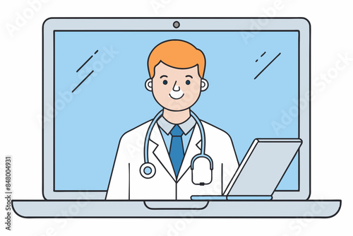 online healthcare and medical consultation and support services concept, doctor teleconferencing with stethoscope on laptop computer screen, conference video call, new normal, vector flat illustration © ArtfuIInfusion769