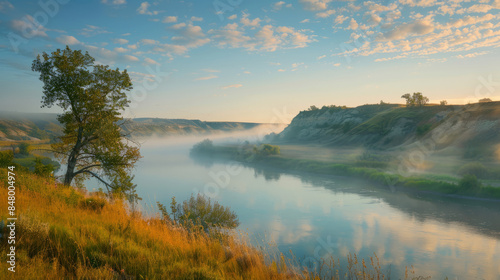 Morning mist along the tranquil Qu'Appelle River landscape
