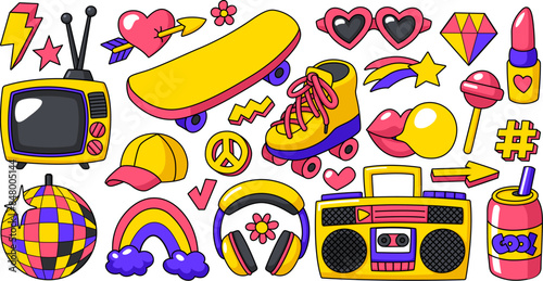 Cartoon y2k elements collection. Big retro sticker pack. Bright vector illustration.