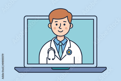 online healthcare and medical consultation and support services concept, doctor teleconferencing with stethoscope on laptop computer screen, conference video call, new normal, vector flat illustration