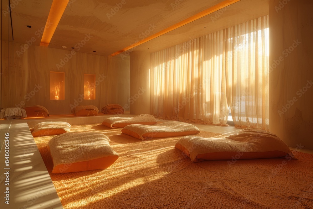 Contemporary relaxation room with soft cushions and warm sunlight Contemporary relaxation room with soft cushions and warm sunlight