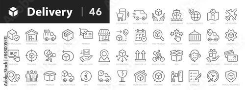 Delivery line icons set. Parcel delivery symbols outline 46 icons collection. Delivery methods, courier, order tracking, box, parcel protection - stock vector.