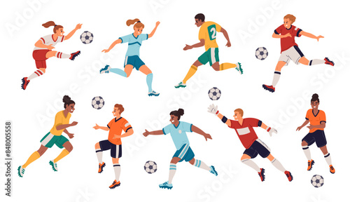 Cartoon football players. Athletes characters in uniform play soccer. People with ball in different poses. Sport game competition. Goalkeeper jumps. Footballers run. Garish vector set