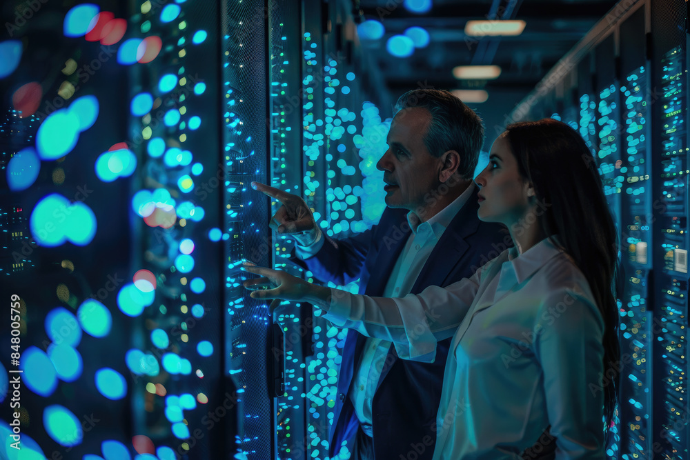 Two professionals are engaging with sophisticated equipment in a futuristic data center with glowing lights Two professionals are engaging with sophisticated equipment in a futuristic data center with glowing lights