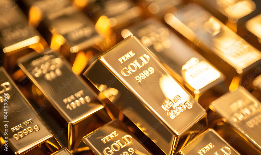 Close-up of gold bars with intricate engravings, reflecting ambient light, symbolizing luxury and stability Close-up of gold bars with intricate engravings, reflecting ambient light, symbolizing luxury and stability