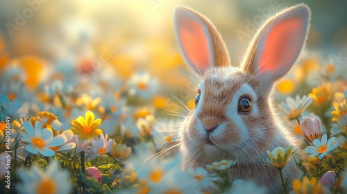 Cute rabbits among the meadows on a sunny day photo