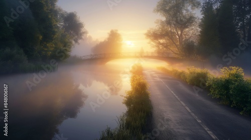 A bridge road over a tranquil river during a misty sunrise, with soft light illuminating the water and surrounding foliage, captured in high-definition realism.