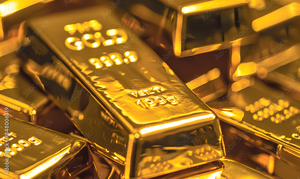 Close-up of gold bars with intricate engravings, reflecting ambient light, symbolizing luxury and stability Close-up of gold bars with intricate engravings, reflecting ambient light, symbolizing luxury and stability