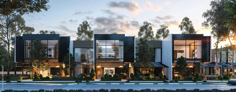 Architectural rendering of modern townhouses at dusk, featuring sleek black accents with white lines, smart home technology, and solar panels. Architectural rendering of modern townhouses at dusk, featuring sleek black accents with white lines, smart home technology, and solar panels.