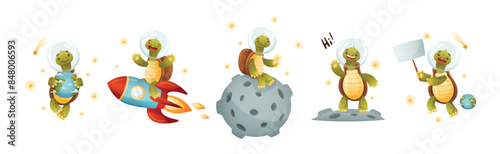 Funny Turtle Character Explore Outer Space Vector Set