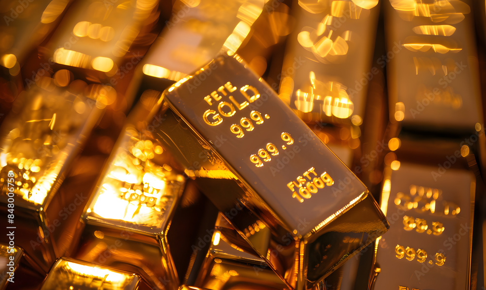 Close-up of gold bars with intricate engravings, reflecting ambient light, symbolizing luxury and stability Close-up of gold bars with intricate engravings, reflecting ambient light, symbolizing luxury and stability