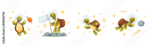 Funny Turtle Character Explore Outer Space Vector Set