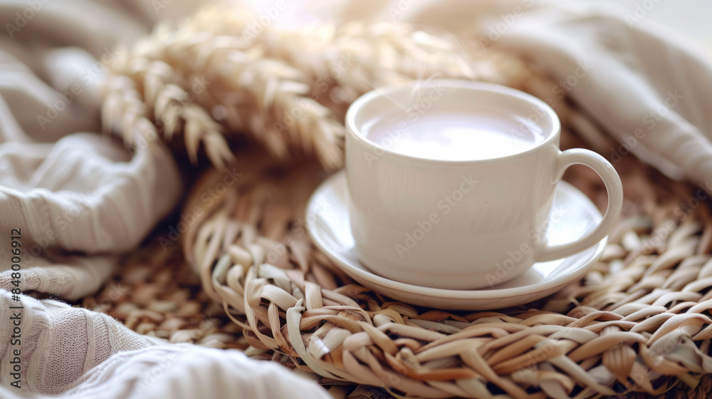 Warm porcelain cup of tea with milk on wicker background Warm porcelain cup of tea with milk on wicker background