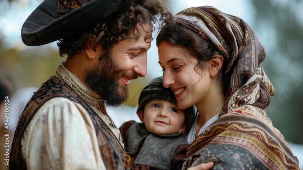 A Jewish family, dressed in traditional attire, smiles and looks at each other A Jewish family, dressed in traditional attire, smiles and looks at each other