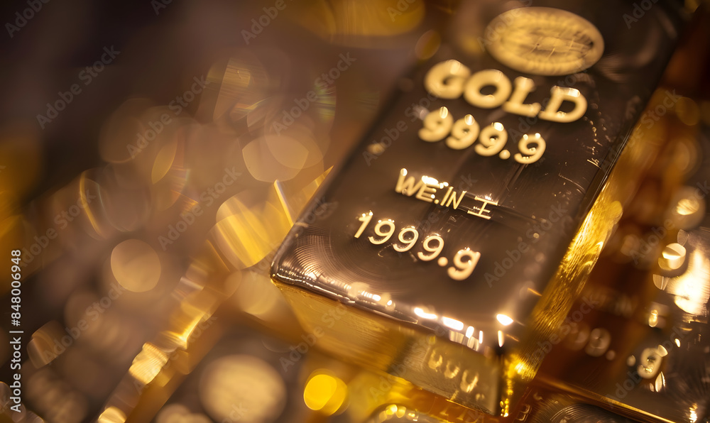 Close-up of gold bars with intricate engravings, reflecting ambient light, symbolizing luxury and stability Close-up of gold bars with intricate engravings, reflecting ambient light, symbolizing luxury and stability