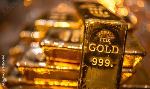 Close-up of gold bars with intricate engravings, reflecting ambient light, symbolizing luxury and stability