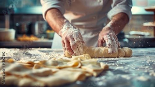 Chef kneads dough, making pasta in kitchen